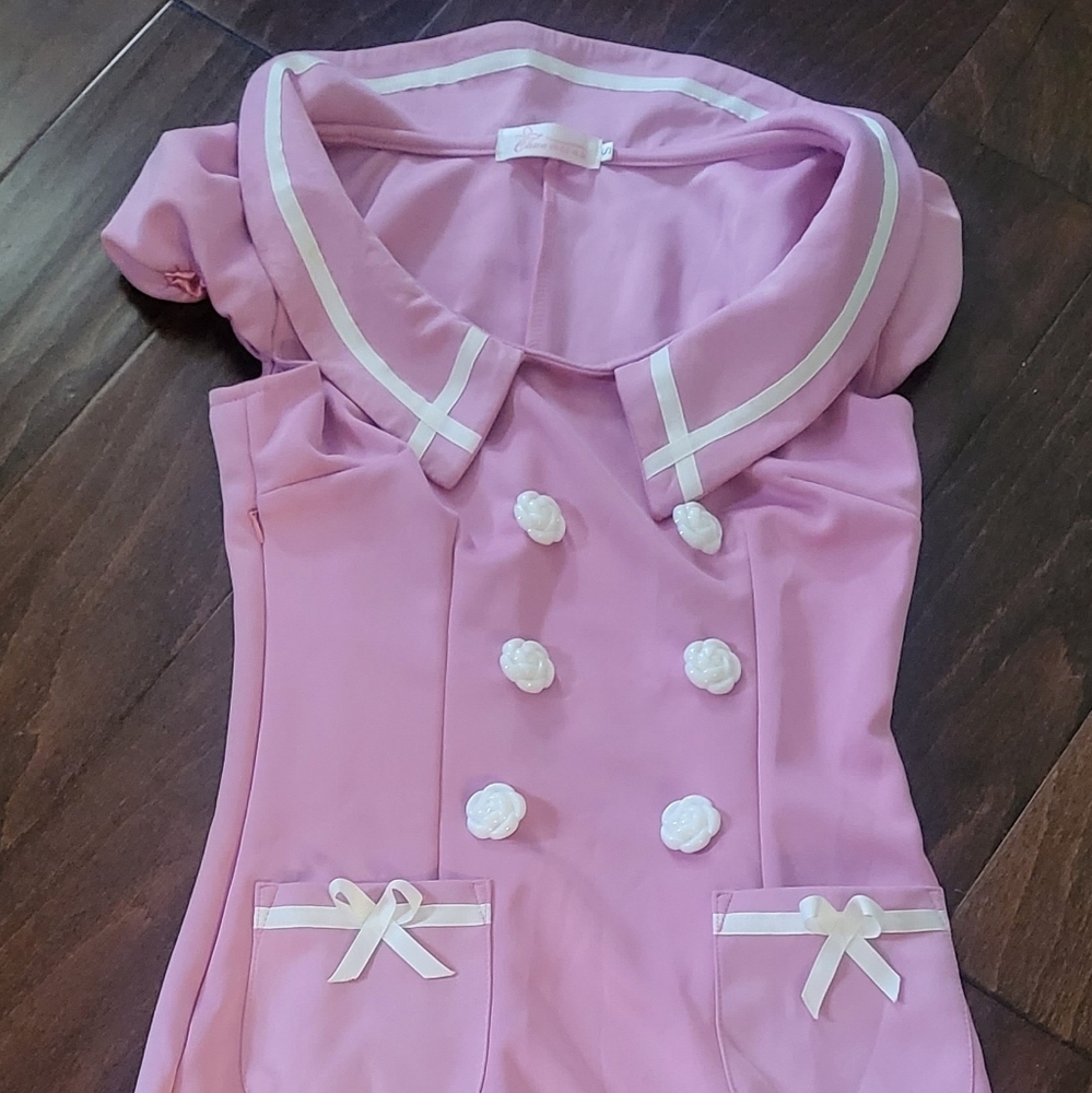 Adorable, Dress- pink with white cute bow and button accents.